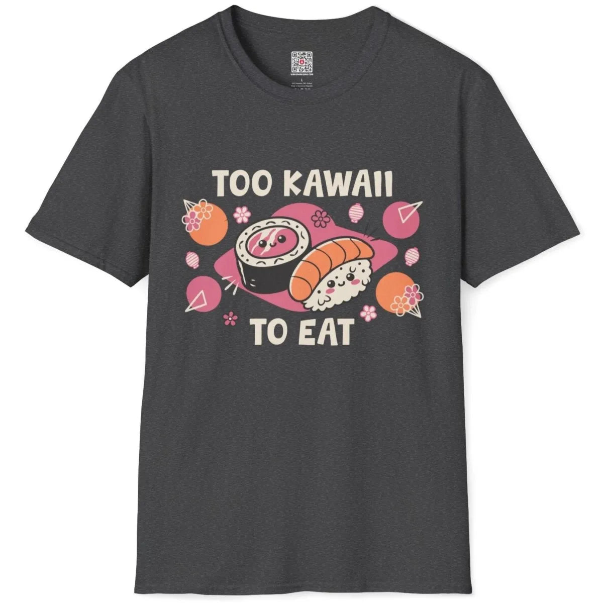 Dark heather t-shirt flatlay featuring kawaii sushi faces, too kawaii to eat slogan, and floral accents.