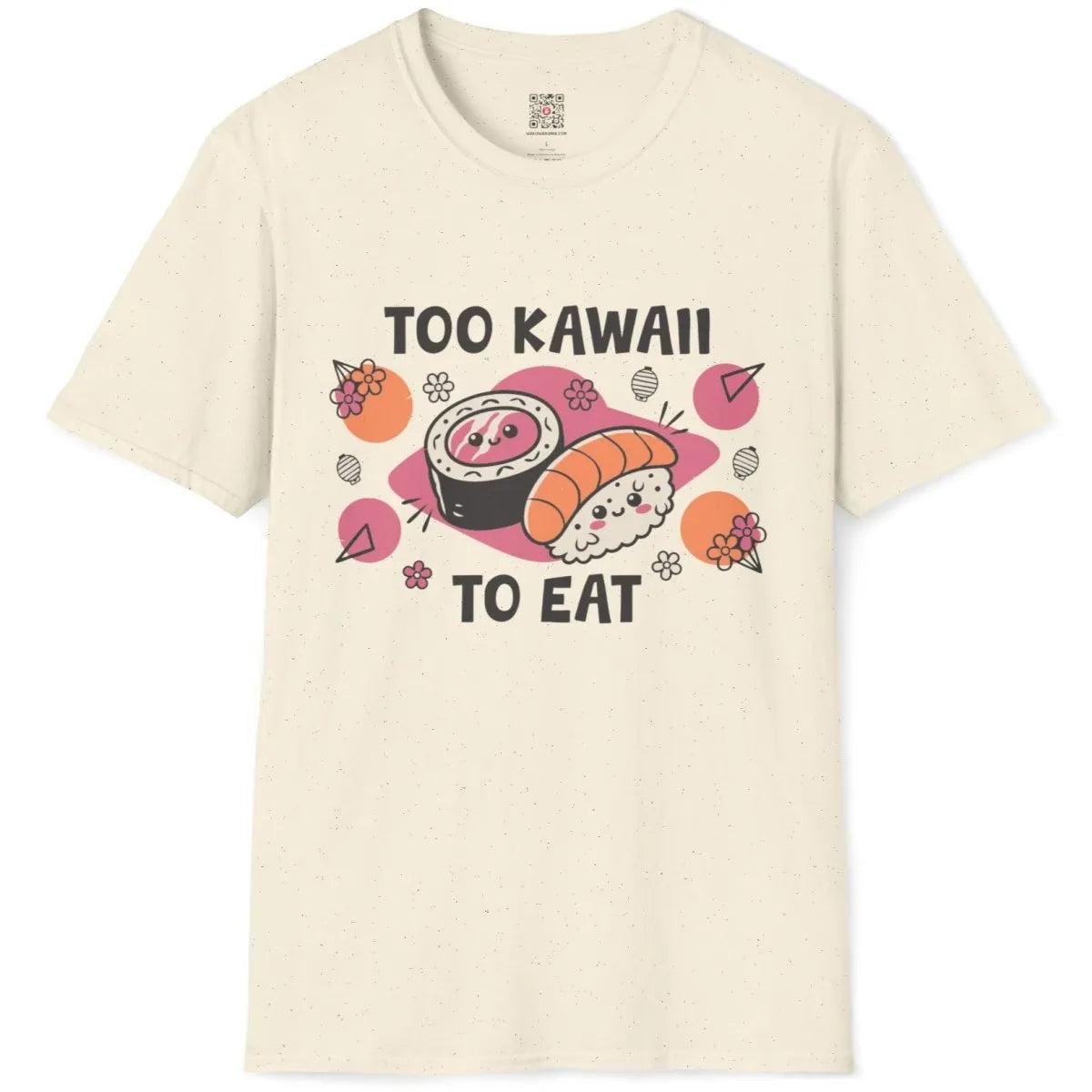 Natural t-shirt flatlay with kawaii sushi faces, too kawaii to eat text, and Japanese lanterns.