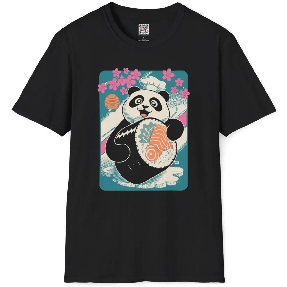 Black t-shirt flatlay with panda sushi chef, cherry blossom theme, and bold Japanese art.
