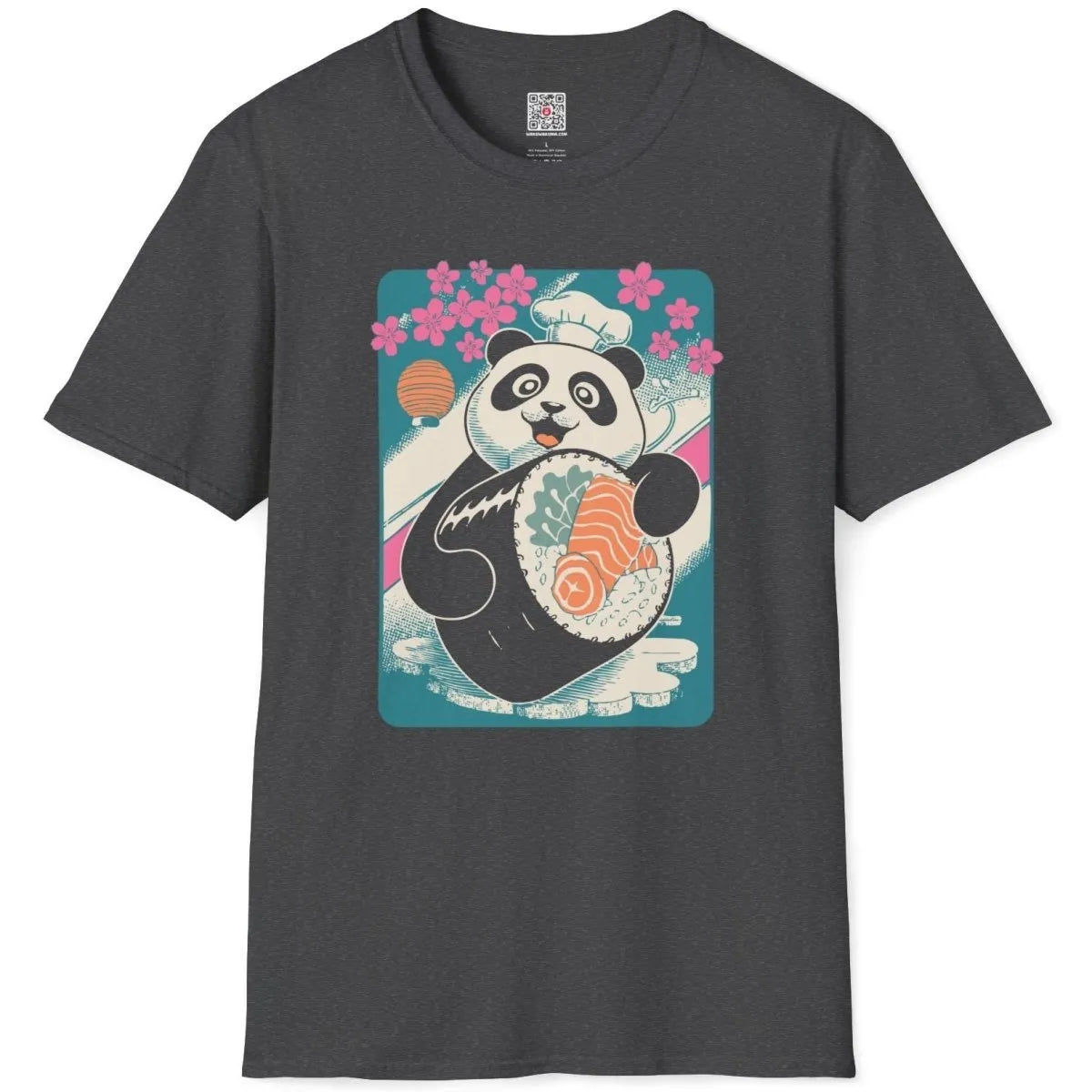 Dark heather t-shirt flatlay featuring panda sushi chef, cherry blossoms, and Japanese cultural symbols.