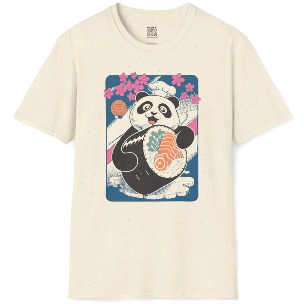 Natural t-shirt flatlay with panda sushi chef, cherry blossom theme, and fusion cuisine art.