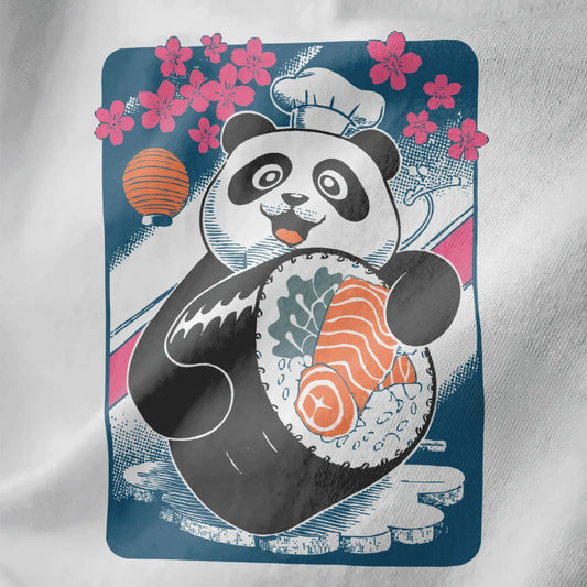 Close-up of panda chef holding sushi roll on white fabric, with cherry blossoms and Japanese art.