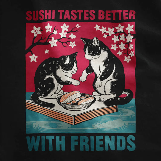 Woodblock-style cats with sushi and cherry blossoms on black fabric, japanese t-shirts, friendship theme.