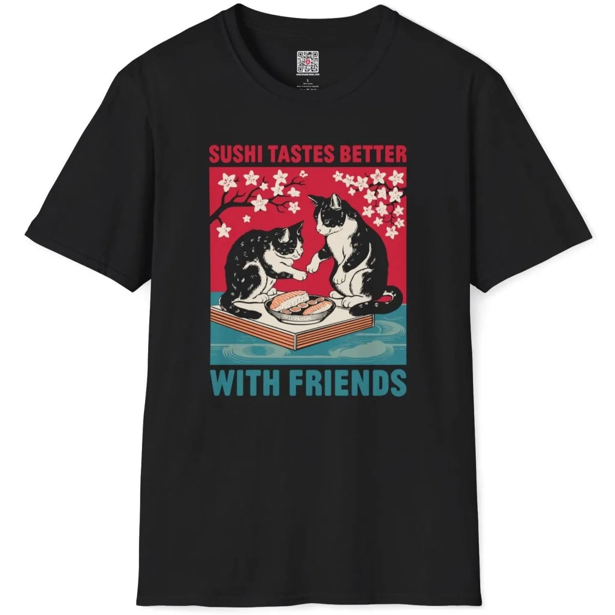 Black t-shirt flatlay with sushi-sharing cats, cherry blossom background, sushi squad.