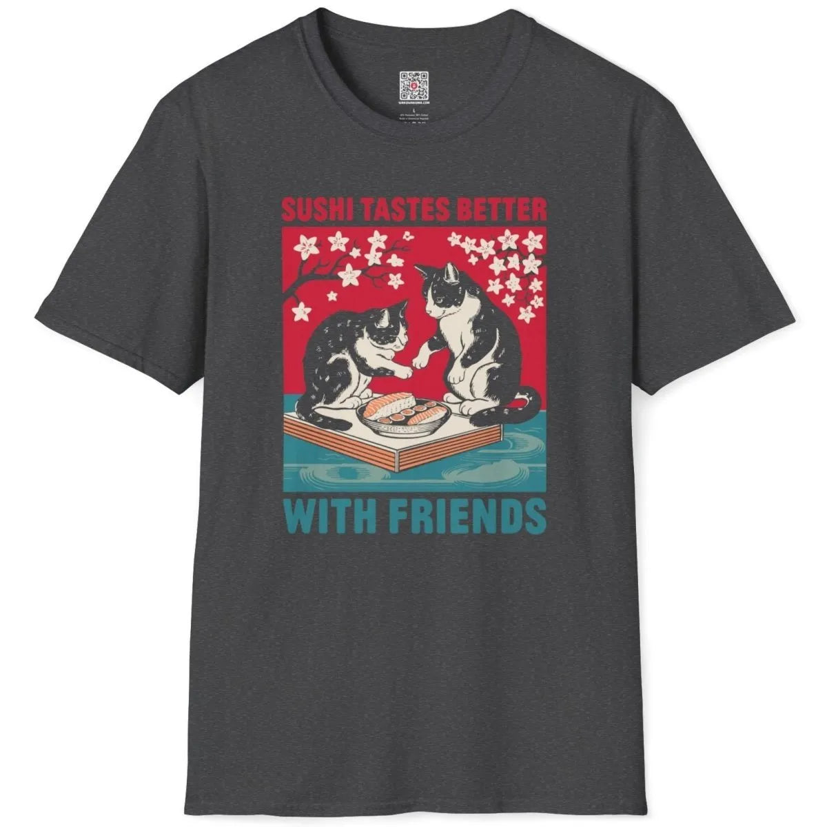 Dark heather t-shirt flatlay featuring sushi cats, cherry blossoms, friendship theme.