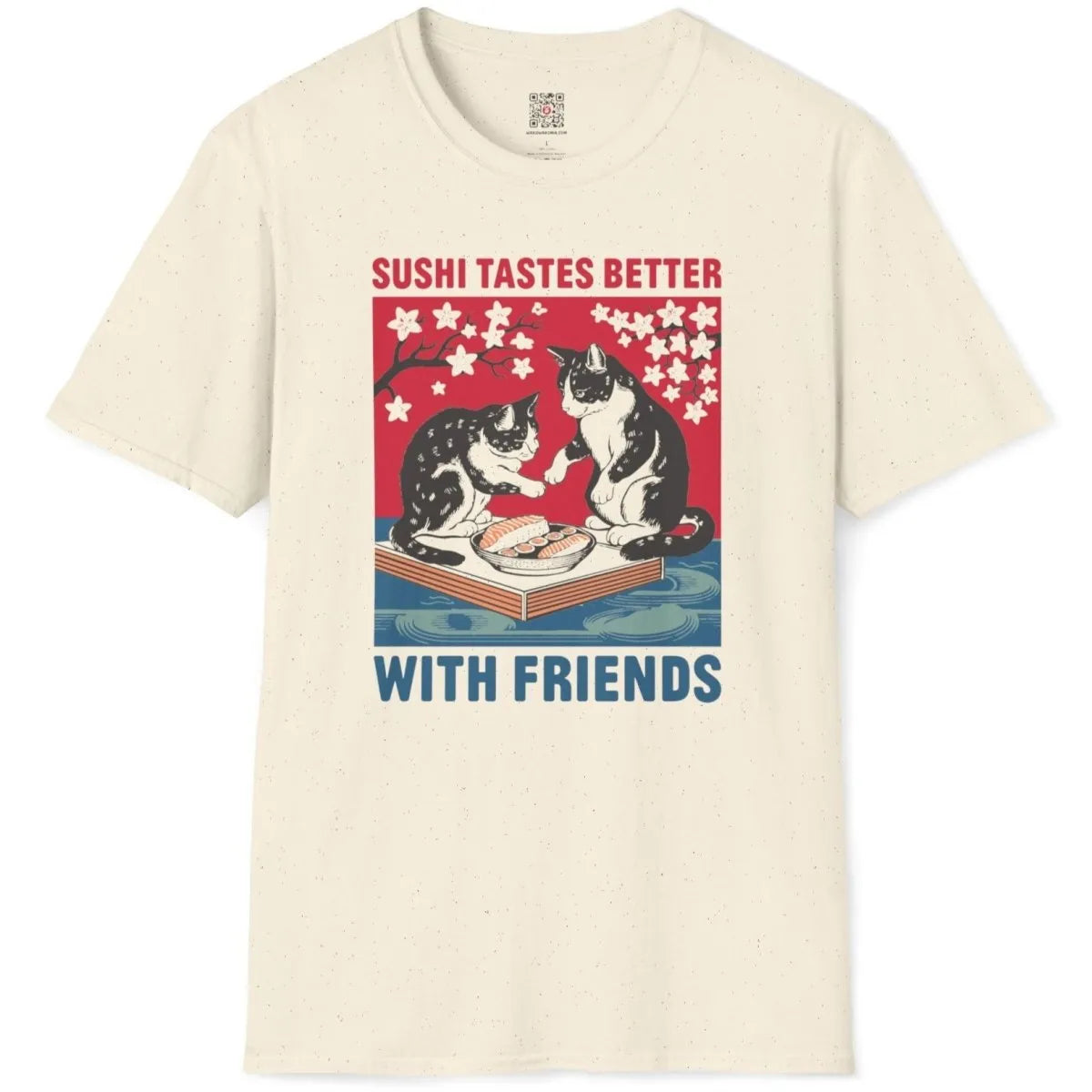 Natural t-shirt flatlay with whimsical sushi cats, cherry blossom design, cultural celebration.