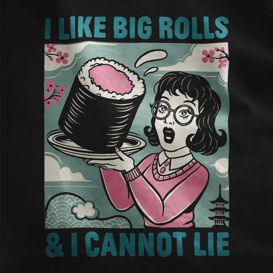 Woman in glasses and pink sweater holding giant sushi roll, cherry blossom background, sushi t-shirt.
