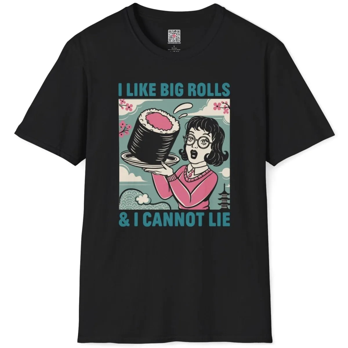 Black sushi t-shirt with comic art woman, big sushi roll, and bold funny slogan, vintage comic.