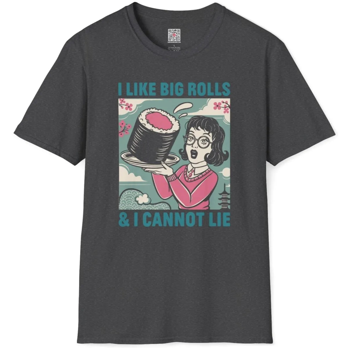 Dark heather t-shirt with comic woman, big sushi roll, cherry blossom, retro design.