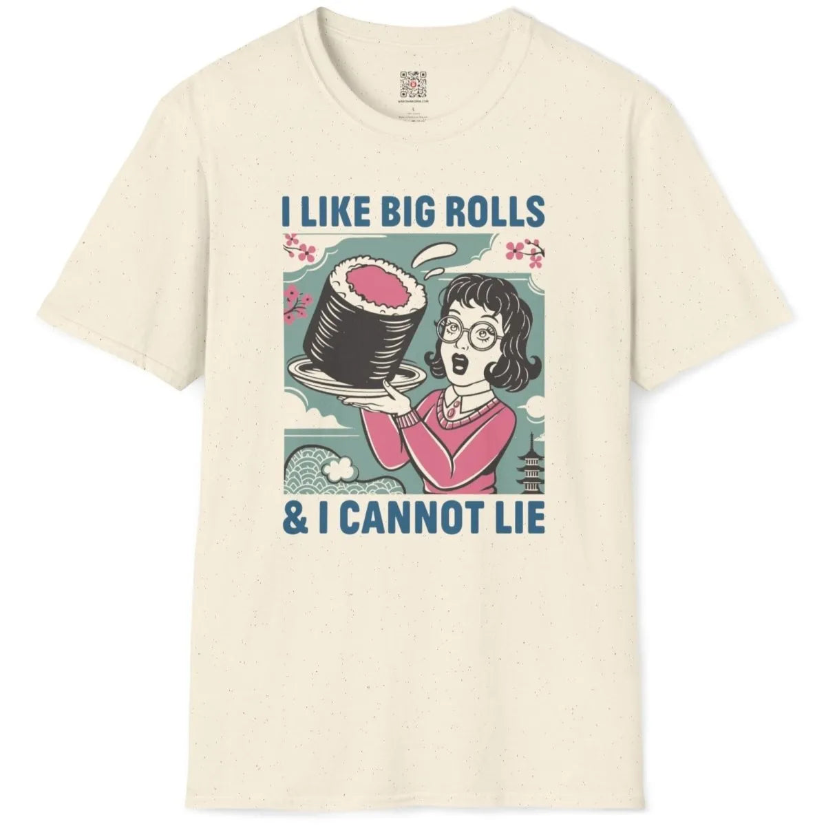 Natural shirt with comic woman, big sushi roll, pagoda, and cherry blossoms, graphic design t shirt.