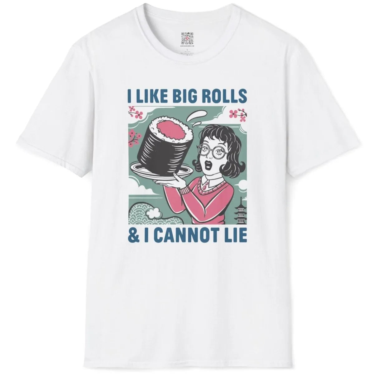 White sushi t-shirt with comic woman, big sushi roll, and playful slogan, sushi culture.