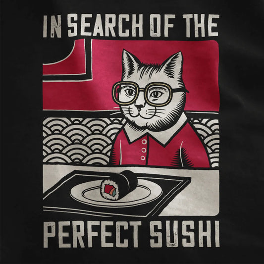 Cat in glasses and red shirt with sushi roll, bold red and black waves, sushi t-shirt.