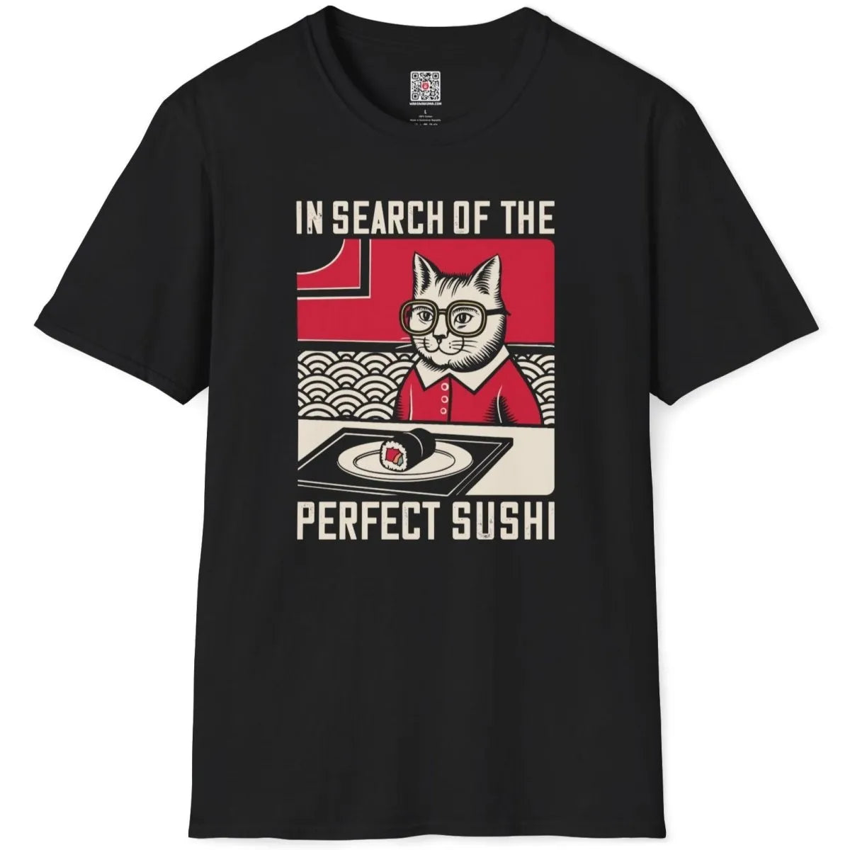 Black t-shirt with refined cat and sushi roll, Japanese wave background, sushi shirt.