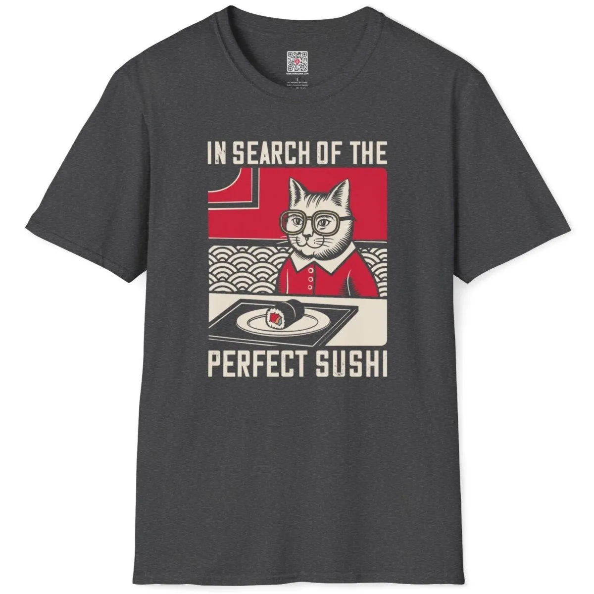 Dark heather shirt with cat, sushi roll, and red wave pattern, retro design.