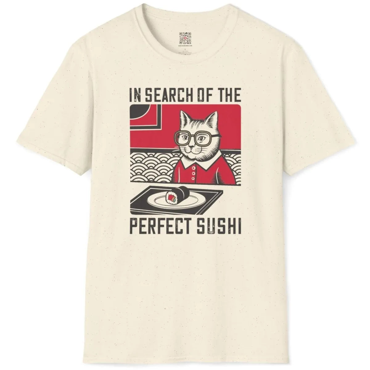 Natural shirt with sophisticated cat, sushi roll, and wave pattern, cultural identity.
