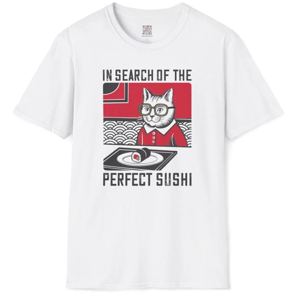 White t-shirt with cat in glasses, sushi roll, and bold "Perfect Sushi" text, vintage aesthetic.