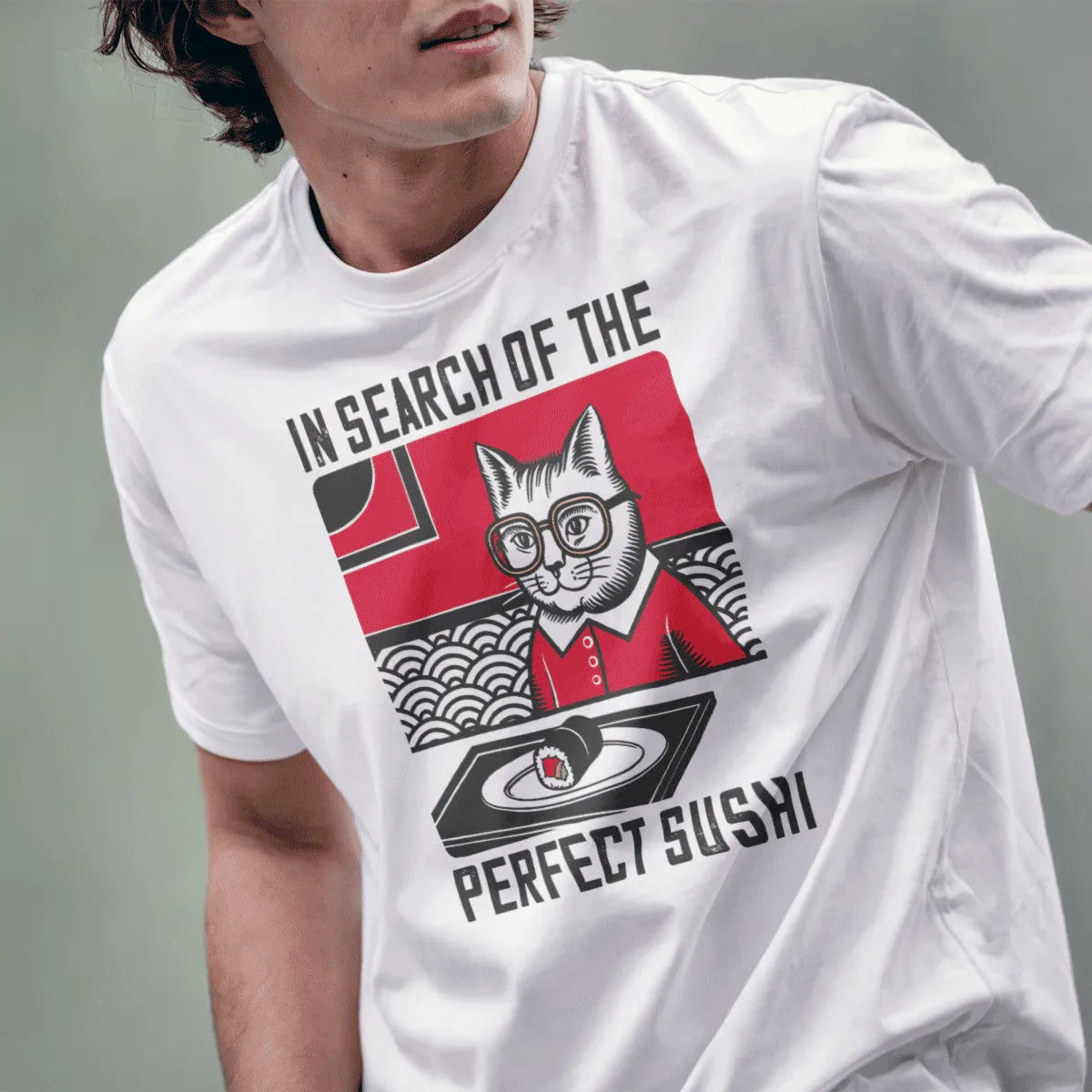 Male model in white shirt with vintage cat and sushi roll, japanese t-shirts, funny cat shirt.