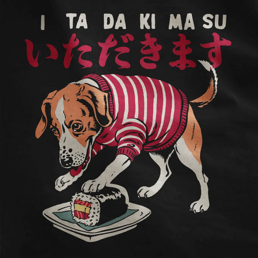 Beagle in striped sweater reaching for sushi, playful Japanese script, dog shirt.