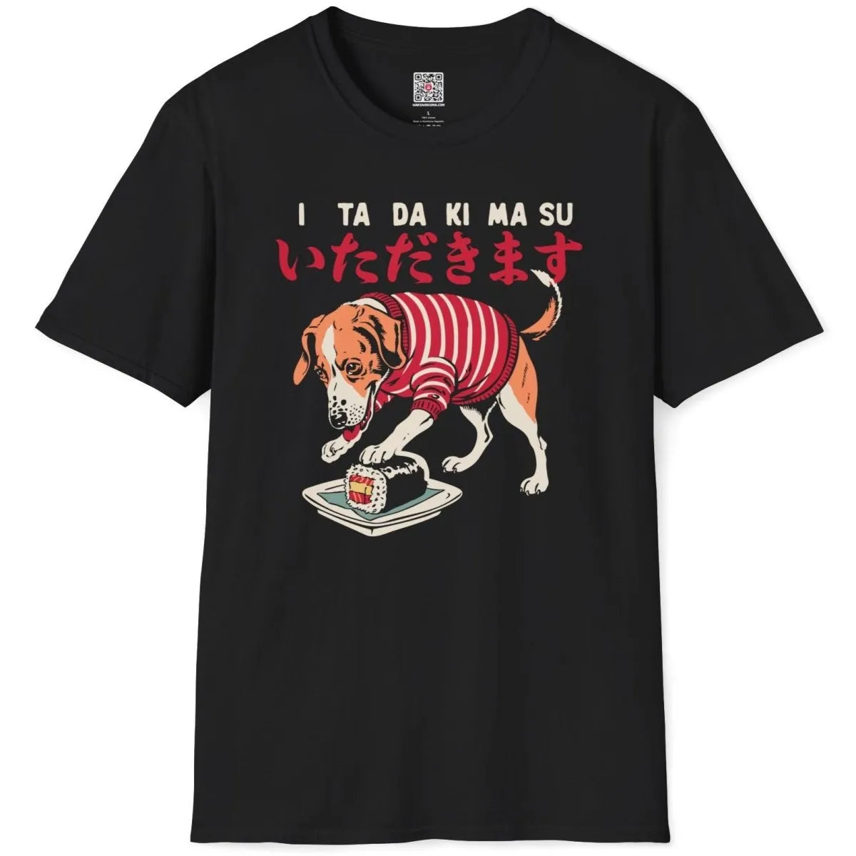 Black t-shirt with beagle in sweater, sushi plate, and bold Japanese "Itadakimasu" text, cartoonish style.