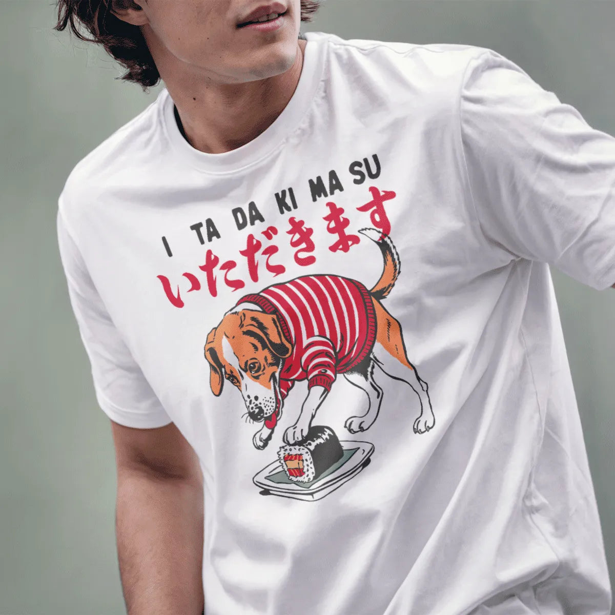 Male model in white shirt with beagle reaching for sushi, kawaii clothes, sushi t-shirt.