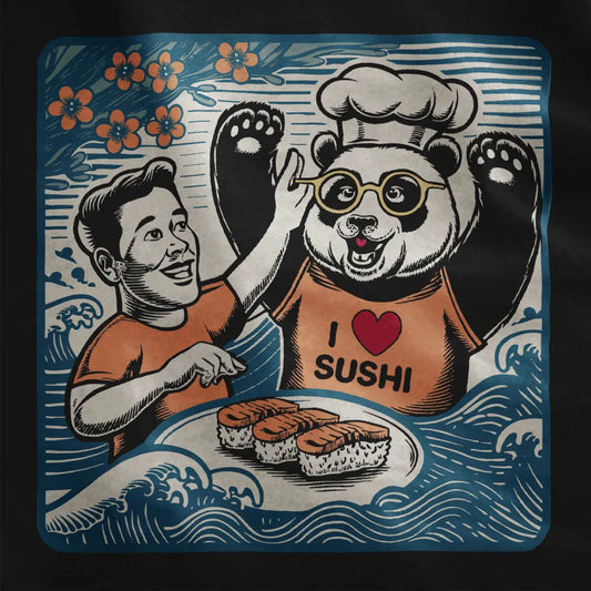 Cheerful panda chef with "I ❤️ SUSHI" shirt and sushi plate on black fabric, vibrant style, sushi t-shirt.
