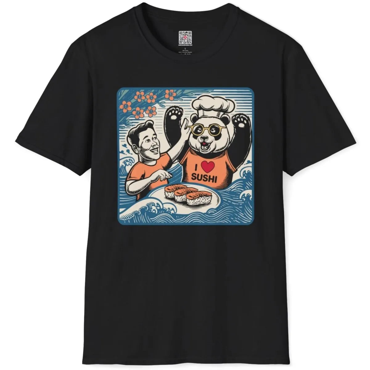 Cheerful panda chef and sushi plate on black t-shirt flatlay, sushi t-shirt, vibrant style.