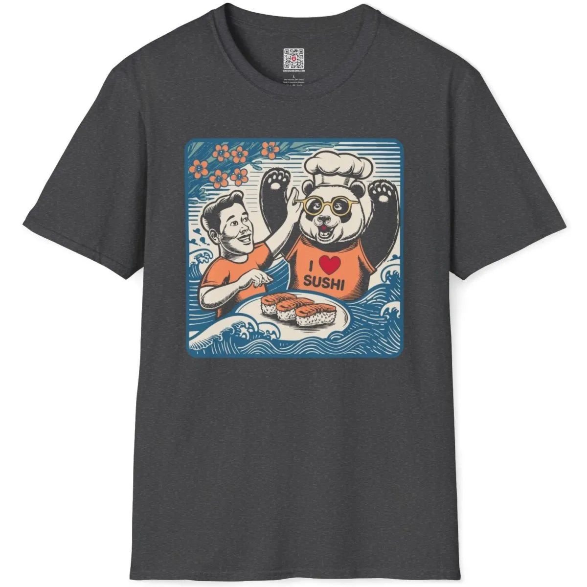 Cheerful panda chef and sushi plate on dark heather flatlay, sushi t-shirt, kawaii clothes.