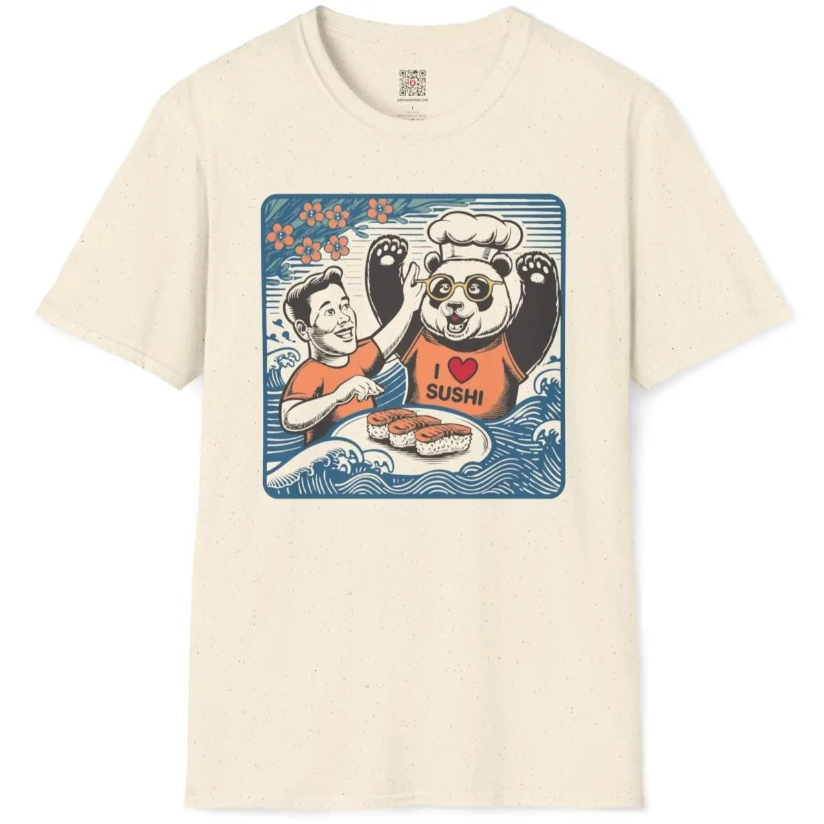 Cheerful panda chef and sushi plate on natural t-shirt flatlay, sushi shirt, positive messaging.