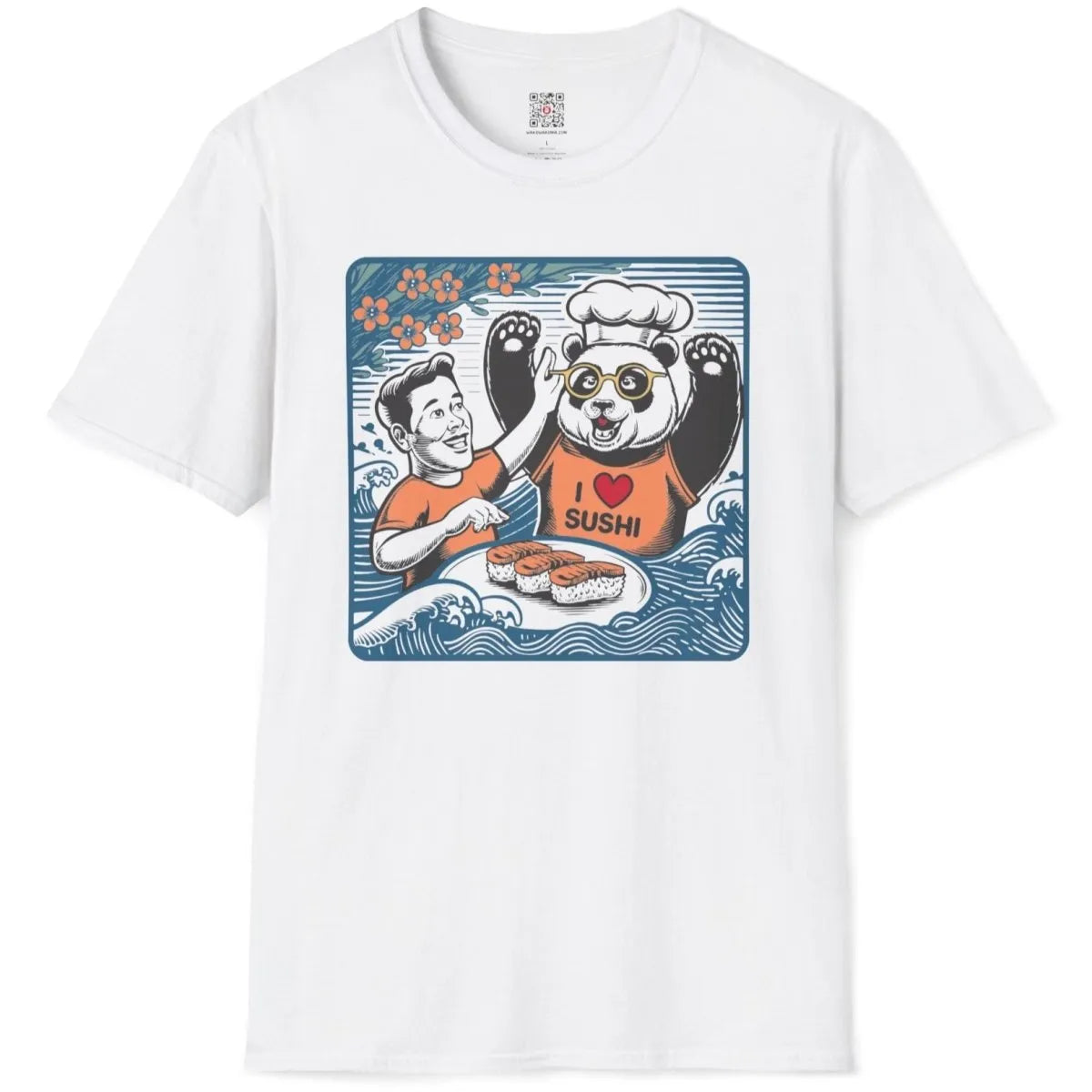 Cheerful panda chef and sushi plate on white t-shirt flatlay, sushi shirt, pop art shirt.