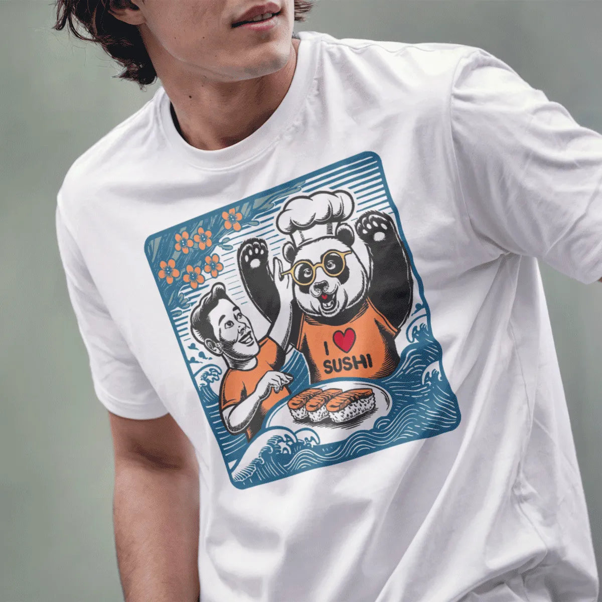 Male model in white t-shirt with cheerful panda chef, "I ❤️ SUSHI" text, sushi shirt, kawaii clothes.
