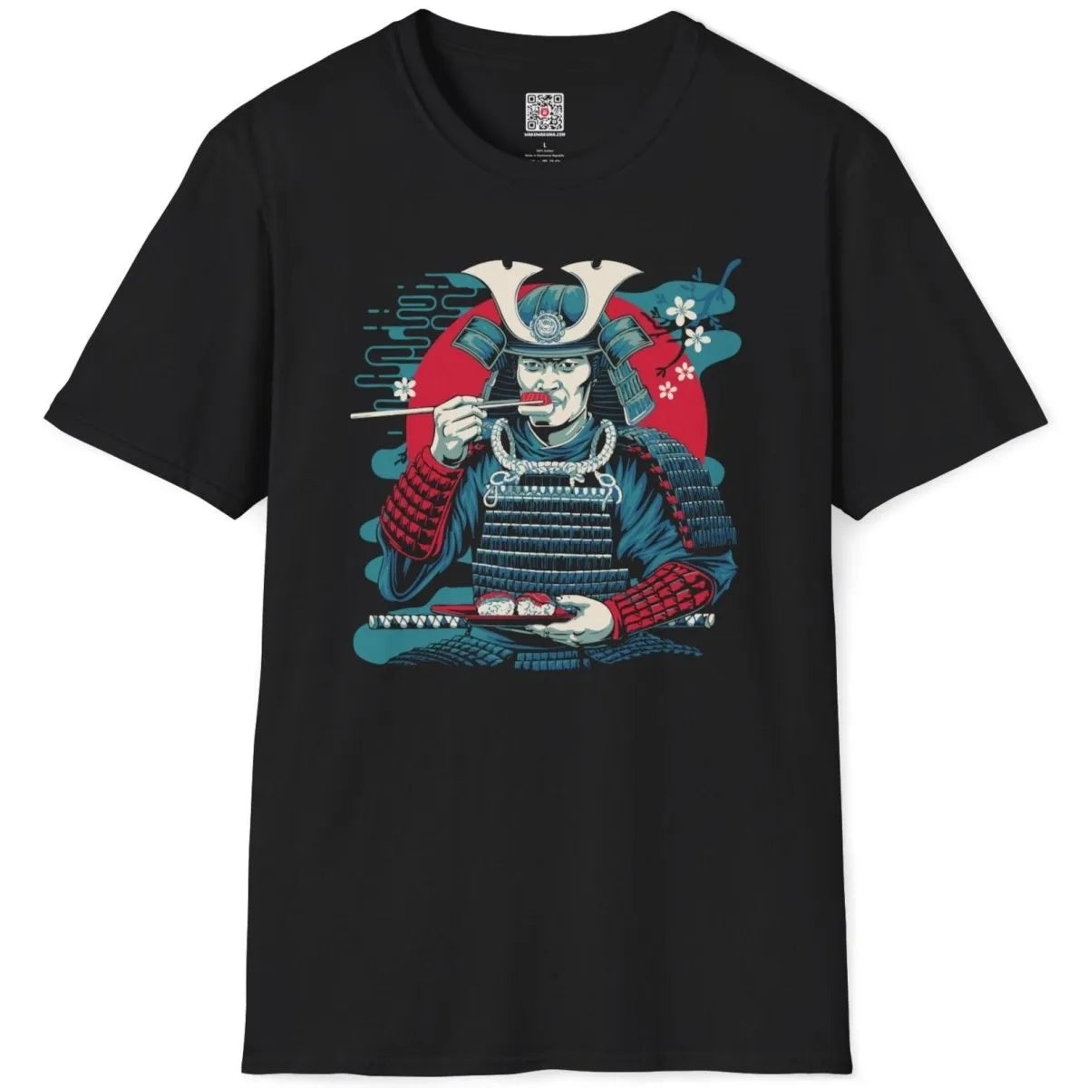 Samurai with sushi plate on black t-shirt flatlay, sushi shirt, traditional japanese art.