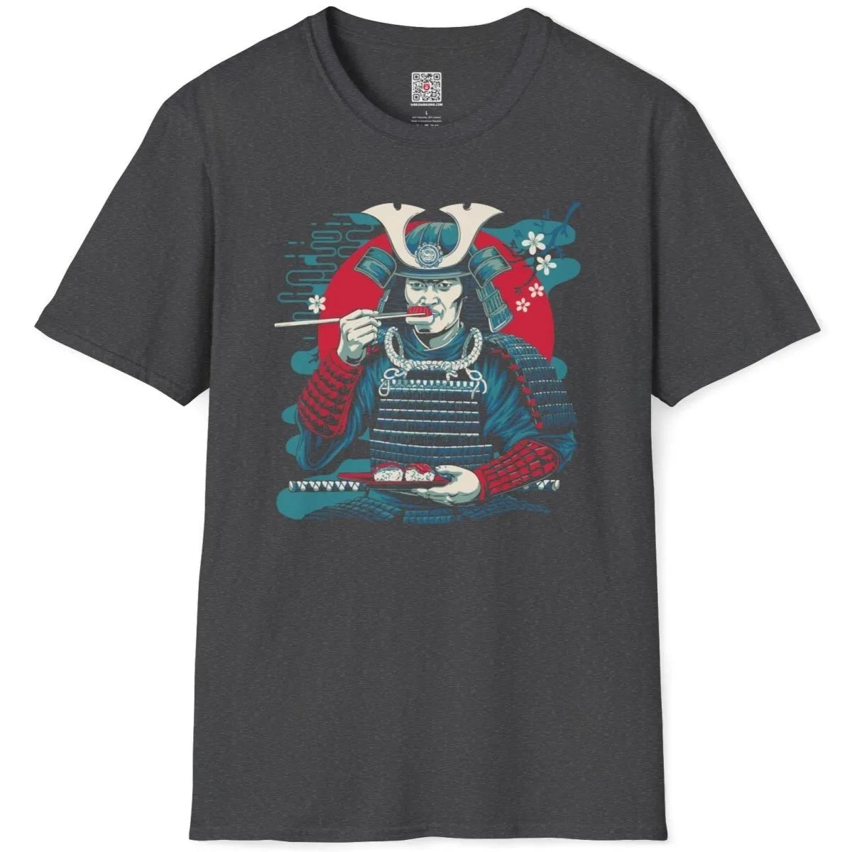Samurai with sushi plate on dark heather flatlay, sushi shirt, wave background.