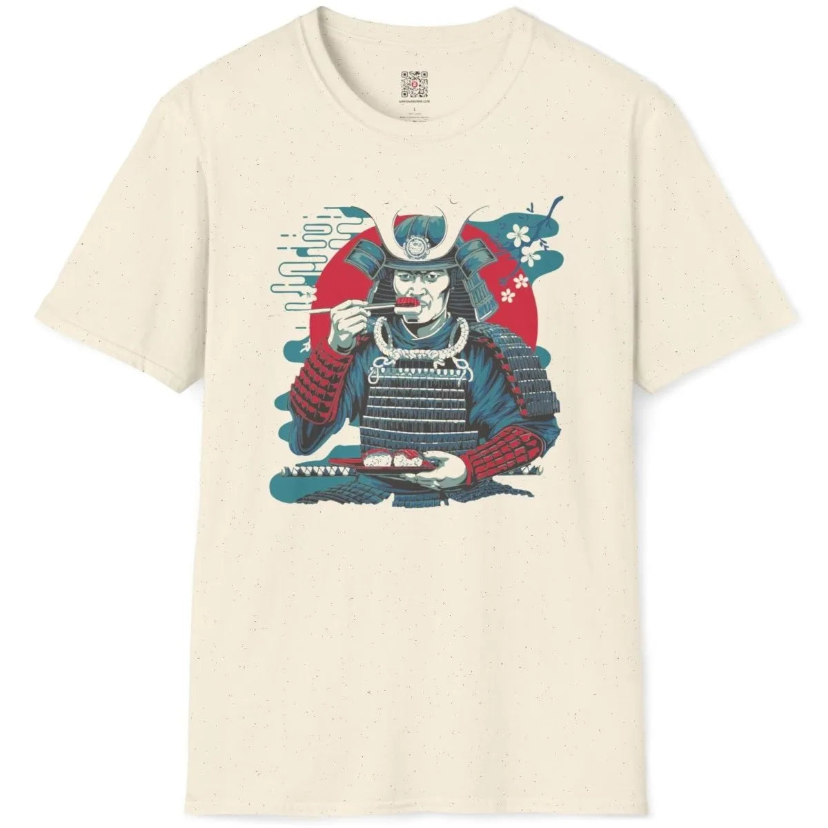 Samurai with sushi plate on natural t-shirt flatlay, sushi t-shirt, samurai warrior art.