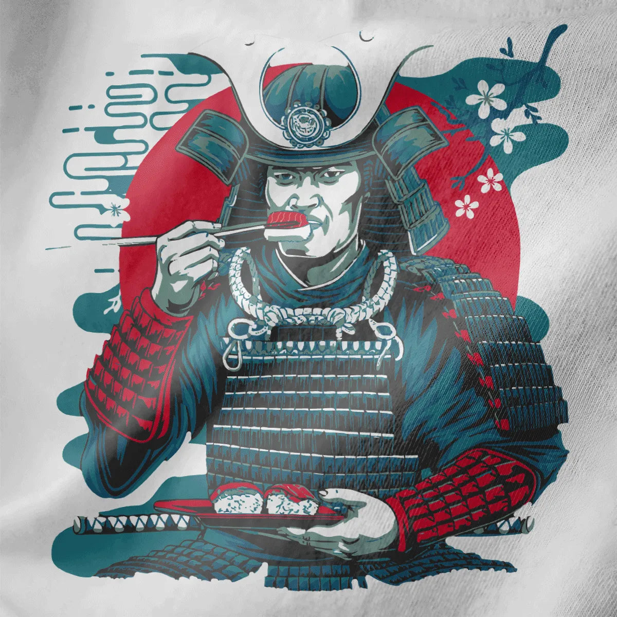 Samurai in blue and red armor holding sushi plate, white fabric closeup, japanese t-shirts, samurai armor.