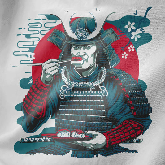 Samurai in blue and red armor holding sushi plate, white fabric closeup, japanese t-shirts, samurai armor.
