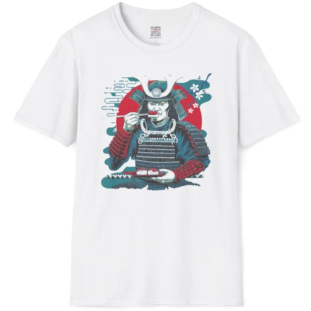 Samurai with sushi plate on white t-shirt flatlay, sushi t-shirt, cultural symbols.