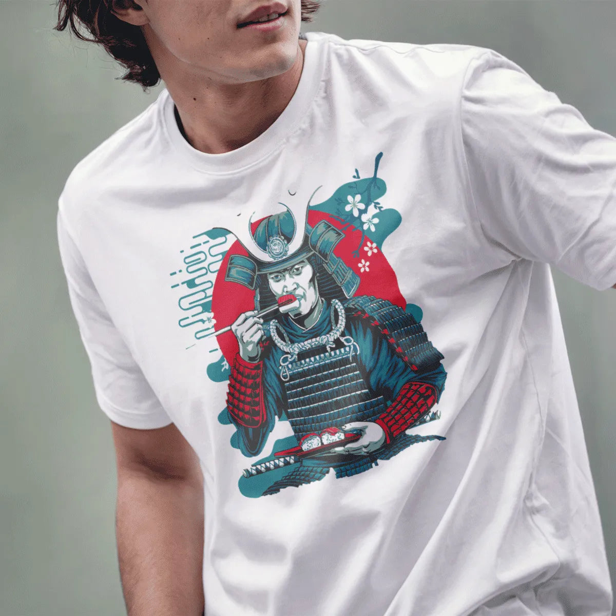Male model in white t-shirt with samurai and sushi, japanese t-shirts, cultural pride.