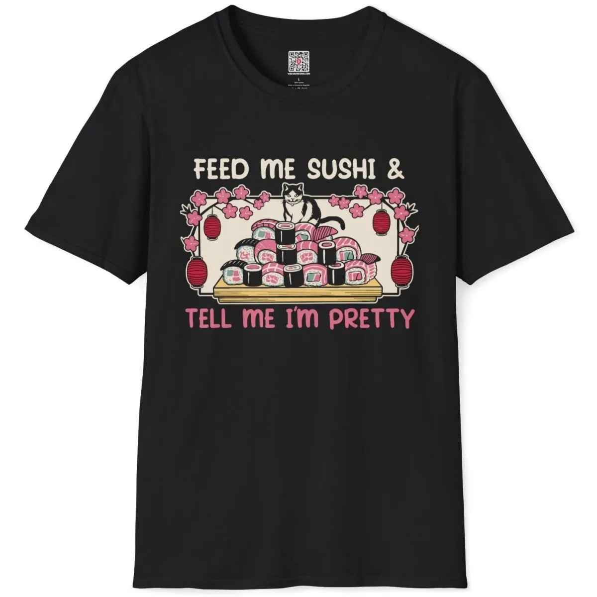 Cat atop sushi tray with cherry blossoms on black t-shirt flatlay, funny cat shirts, retro design.