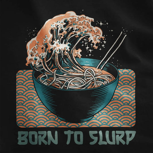 Close-up of dynamic ramen and wave artwork on black t-shirt, ramen t-shirt, bold typography.