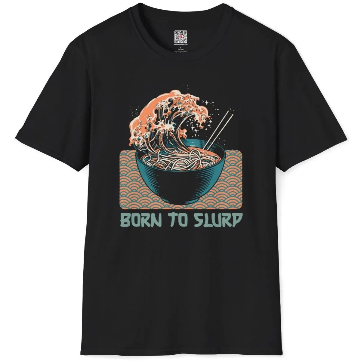 Black flatlay t-shirt with energetic ramen wave graphic, bold typography, ramen t-shirt.