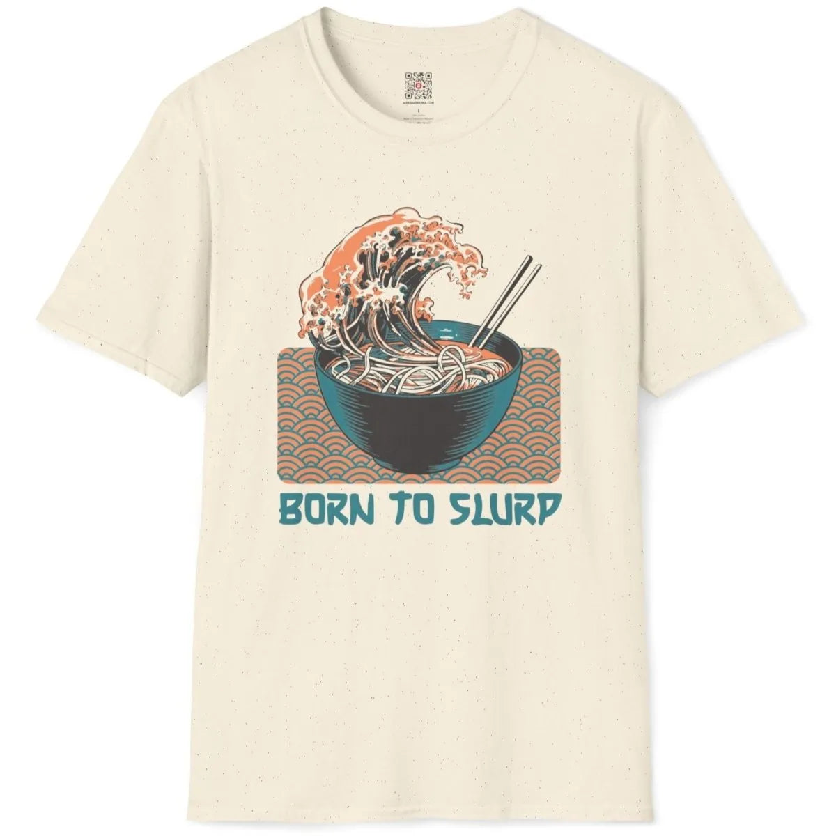 Natural flatlay t-shirt with ramen bowl, wave, and chopsticks, vibrant style, ramen joy.