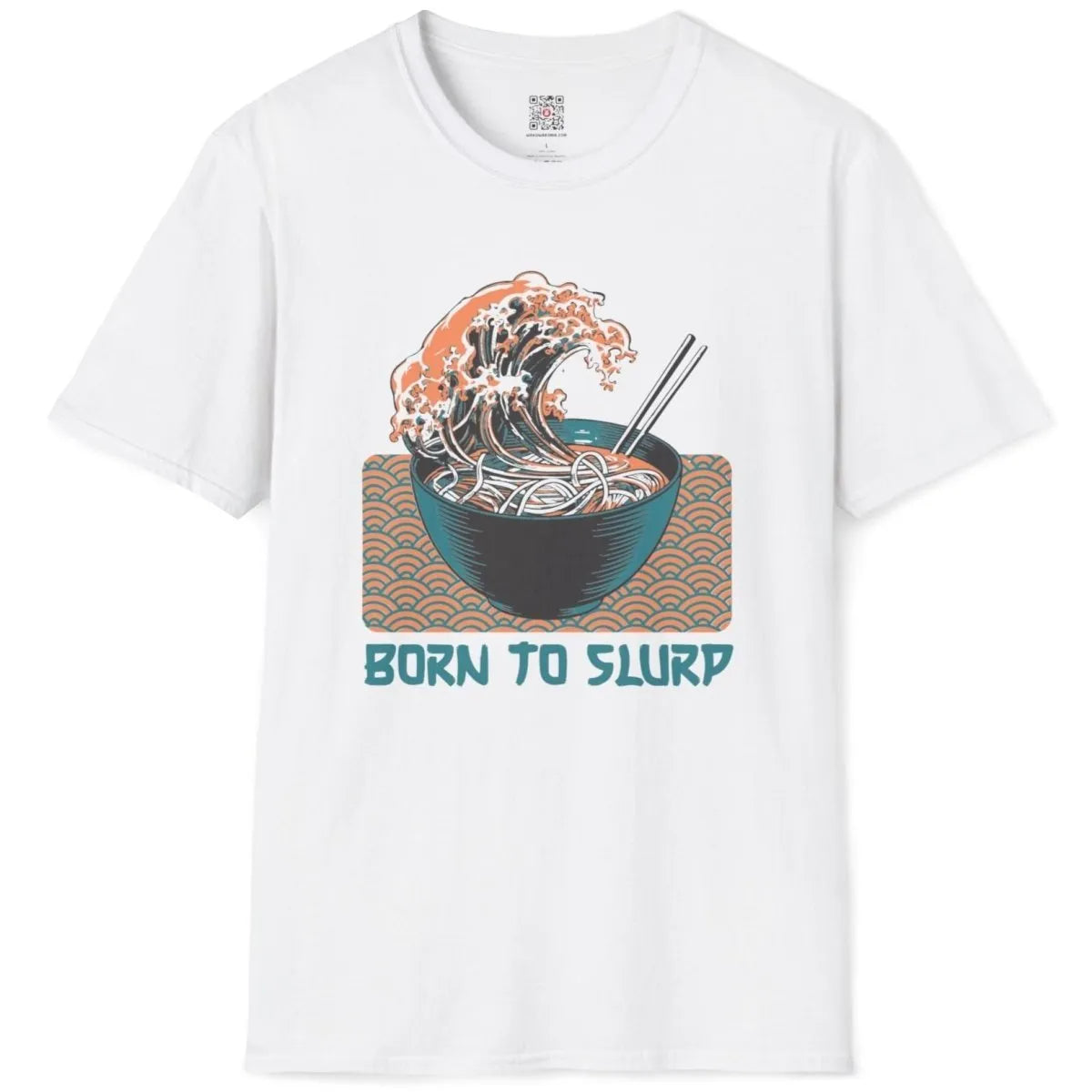 White flatlay t-shirt featuring blue ramen bowl, orange wave, Born to Slurp text, japanese t-shirts.
