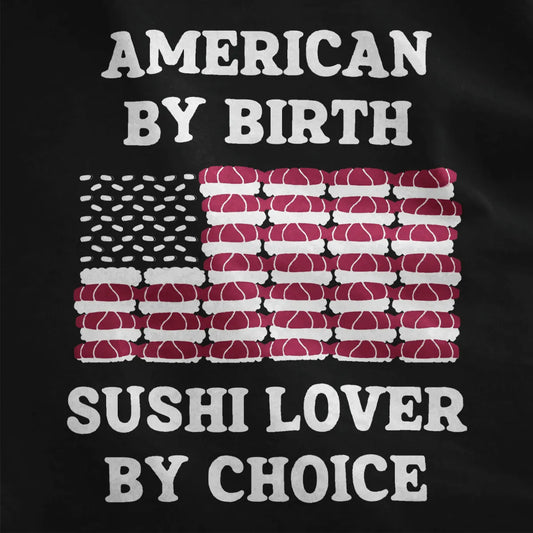 American flag sushi graphic on black fabric closeup, vintage serif text. sushi shirt, cultural fusion.