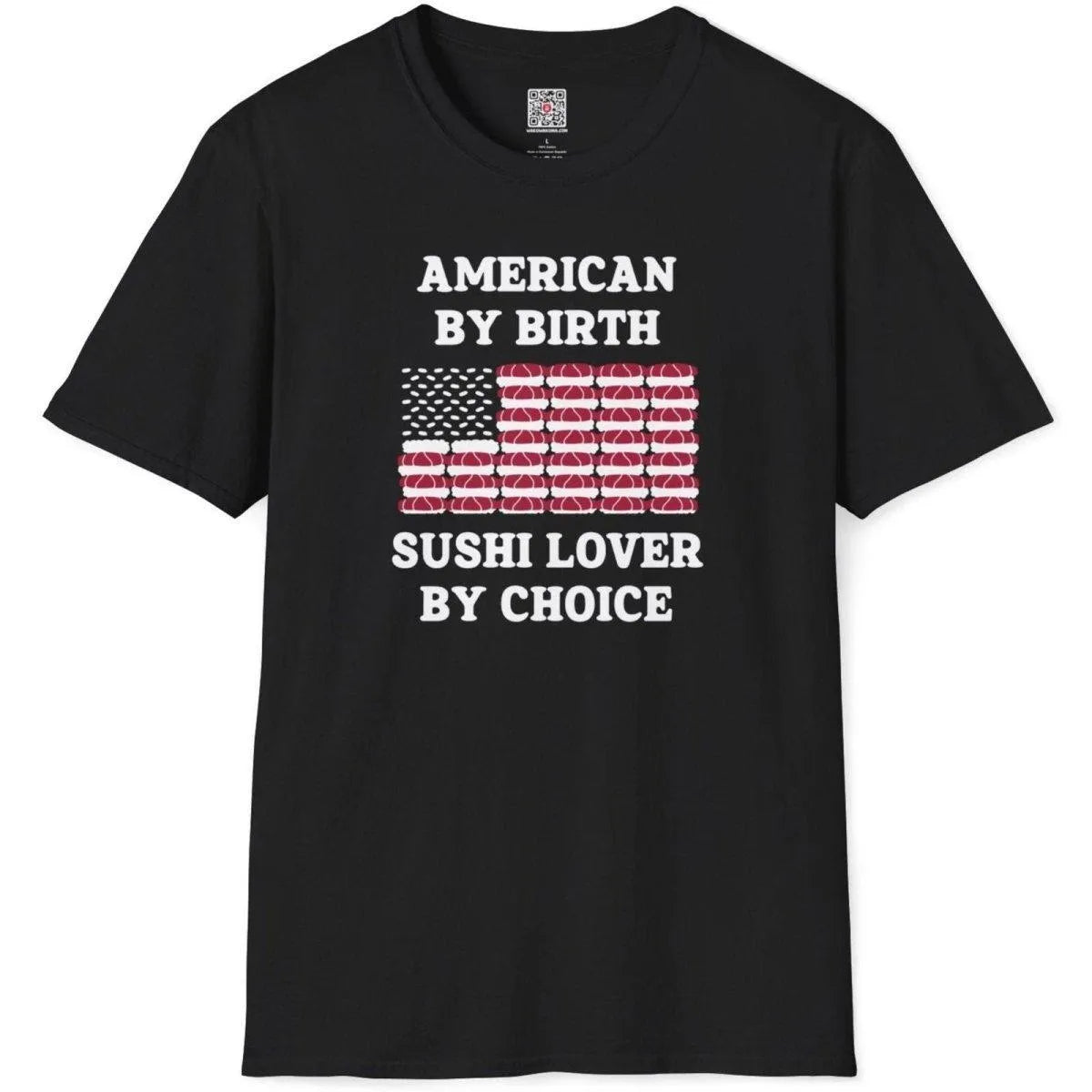 Flatlay of black t-shirt with sushi flag, rice stars and nigiri stripes, vintage text. sushi t-shirt, pop art shirt.