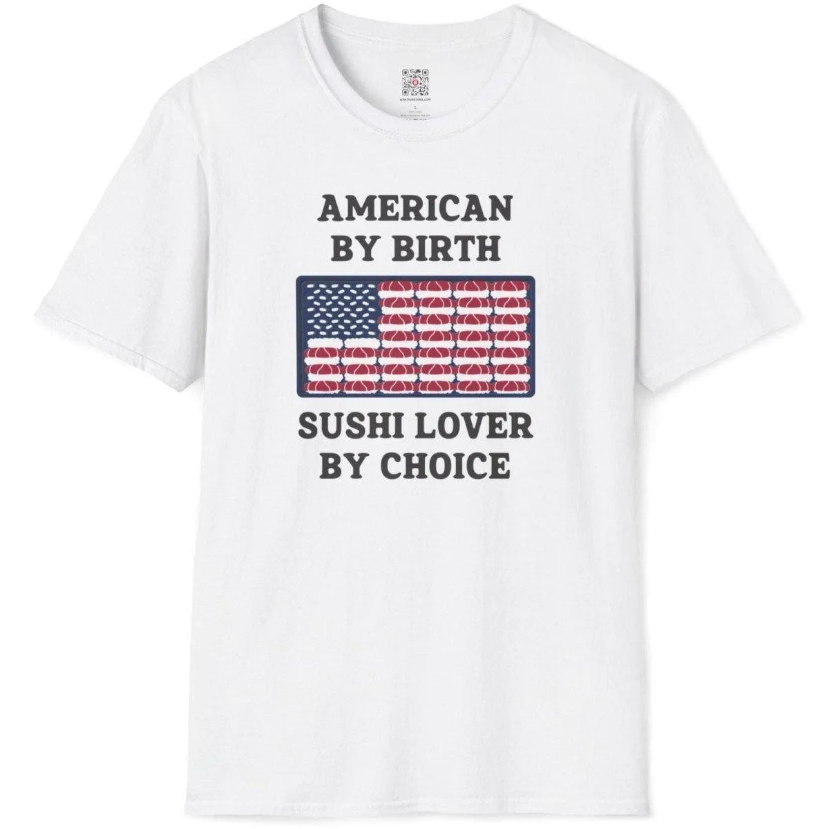 White t-shirt flatlay featuring sushi flag, sushi culture, patriotic t shirt, and graphic tees stores.