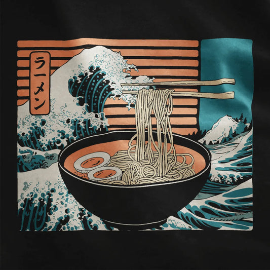Close-up of iconic ramen and Hokusai wave design on black t-shirt, traditional japanese art, ramen t-shirt.