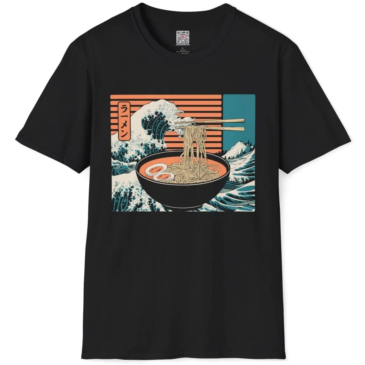Black flatlay t-shirt with steaming ramen, blue wave, and Japanese text, the great wave shirt.