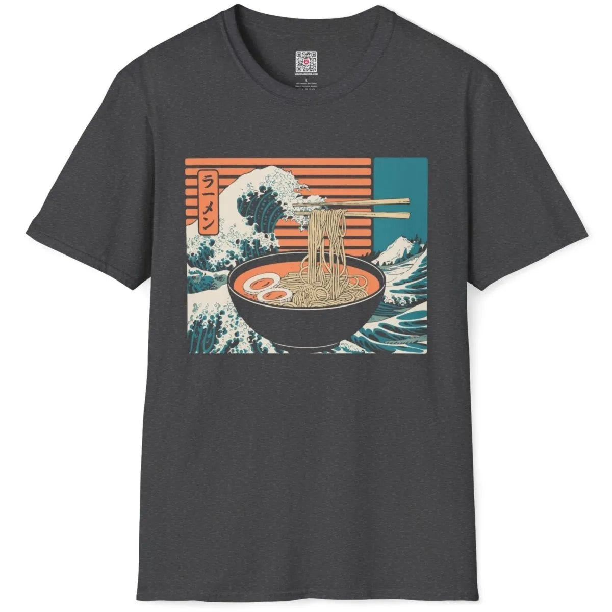 Dark heather flatlay with dramatic ramen wave and mountain, foodie design, japanese wave artwork.