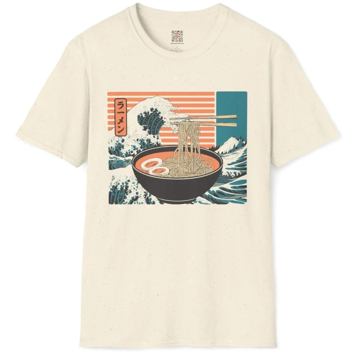Natural flatlay t-shirt with ramen, wave, and eggs, contrast in colors, bowl t shirt.