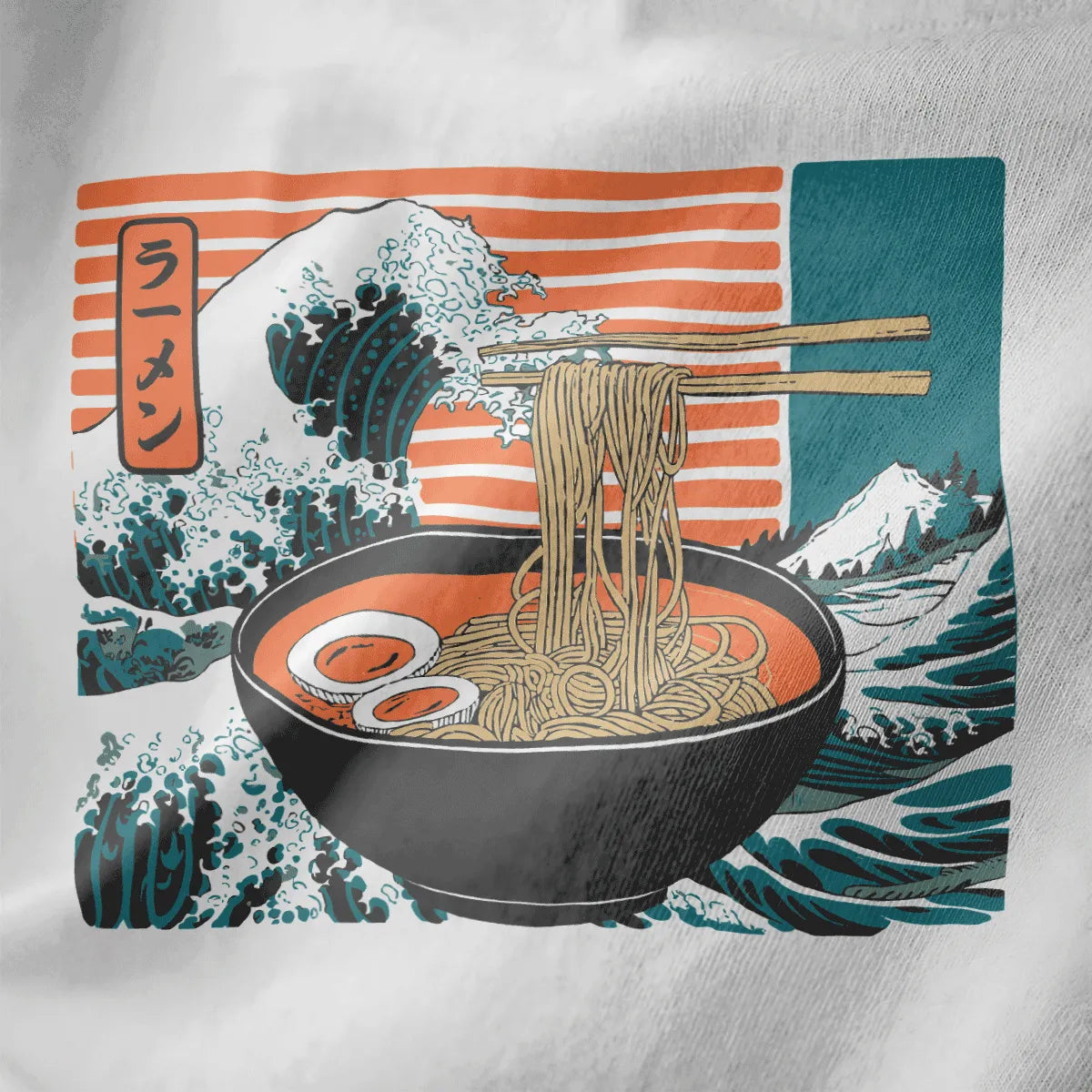 Close-up of ramen bowl with Hokusai wave and eggs on white t-shirt, japanese t-shirts, ramen shirt.